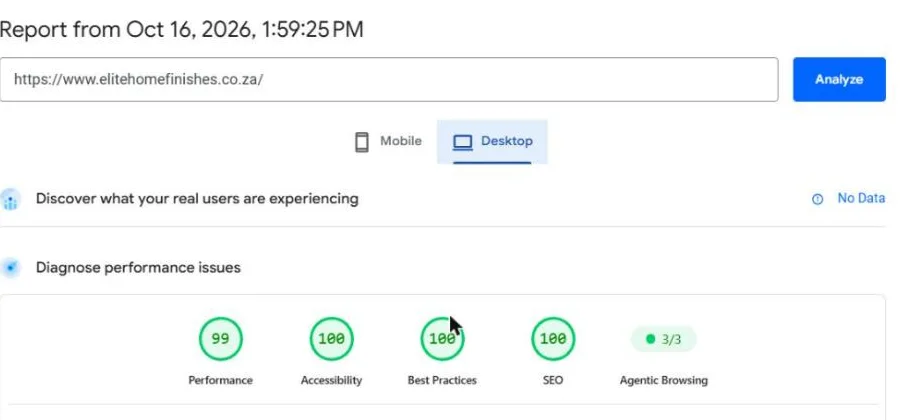 Google PageSpeed Insights desktop scores for elitehomefinishes.co.za: Performance 99, Accessibility 100, Best Practices 100, SEO 100