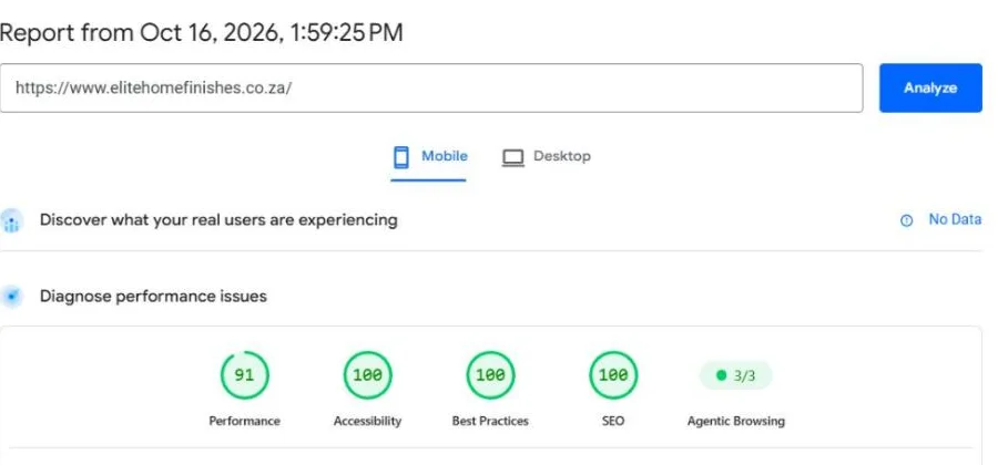 Google PageSpeed Insights mobile scores for elitehomefinishes.co.za: Performance 91, Accessibility 100, Best Practices 100, SEO 100