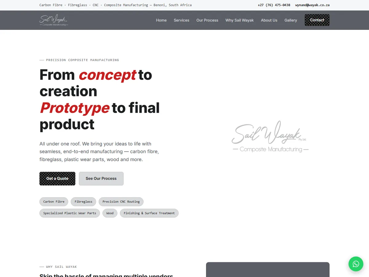Sail Wayak composite manufacturing website homepage